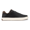 Black leather lace-up sneaker with cream rubber sole and dark brown heel tab, shown in side profile.