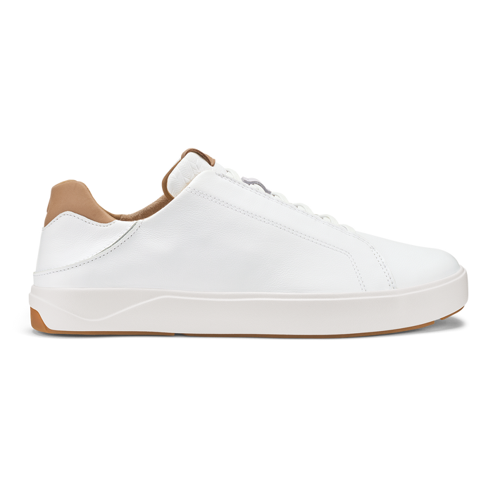 White leather sneaker with tan heel tab and cream midsole, shown from the side profile.
