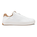 White leather sneaker with tan heel tab and cream midsole, shown from the side profile.