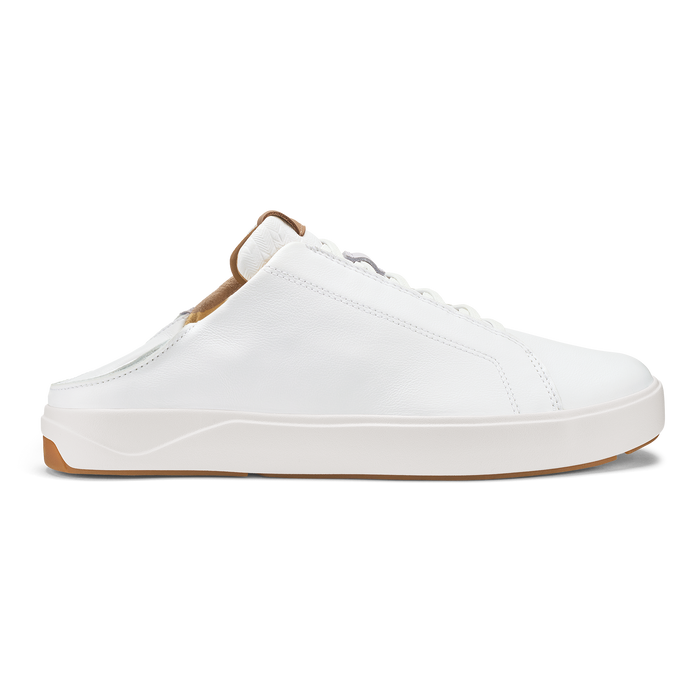 White leather slip-on mule sneaker with brown heel accent and cream rubber sole.