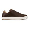 Dark brown leather sneaker with tan heel collar, white midsole, and tan rubber sole, shown in side profile.