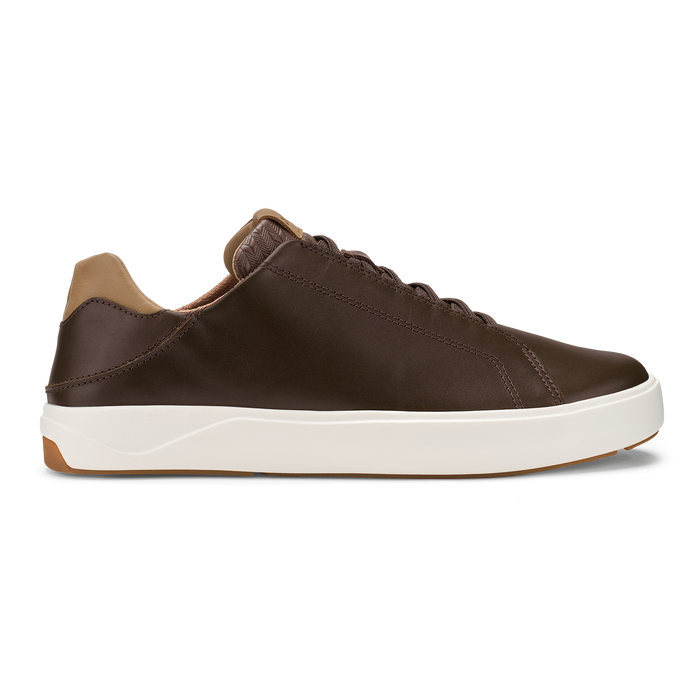 Dark brown leather sneaker with tan heel collar, white midsole, and tan rubber sole, shown in side profile.