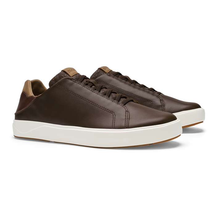 Dark brown leather sneaker with tan heel detail and white rubber sole.