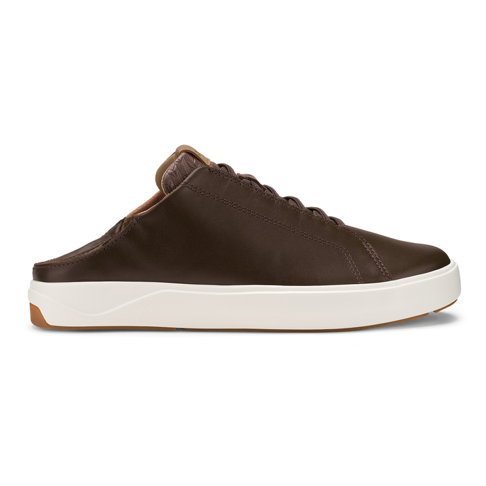 Dark brown leather slip-on shoe with white rubber sole and tan heel accent, shown in profile view.