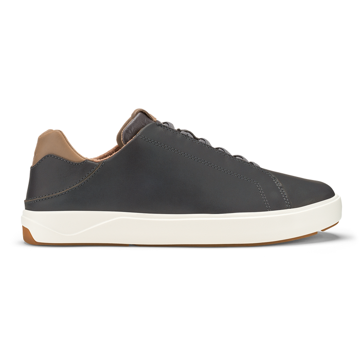 Dark gray leather sneaker with tan heel collar and cream rubber sole, shown in profile view.