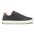 Dark gray leather sneaker with tan heel collar and cream rubber sole, shown in profile view.