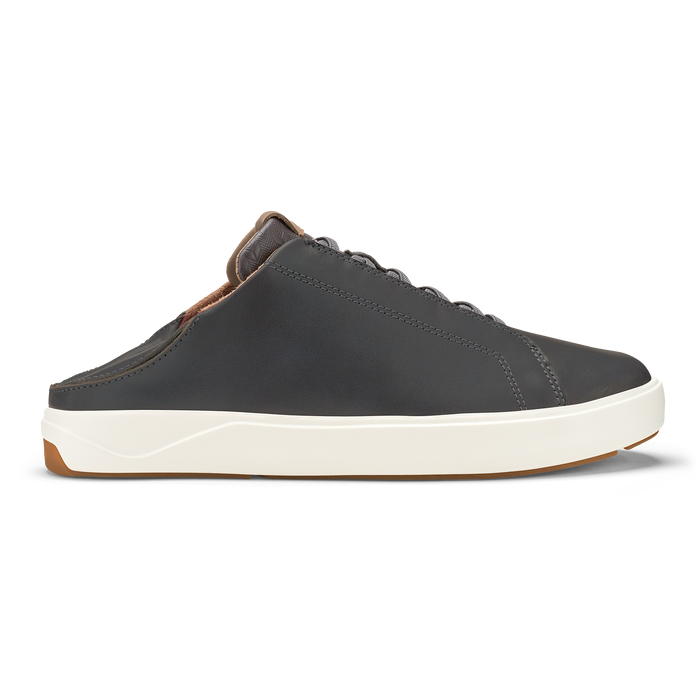Charcoal slip-on shoe with cream rubber sole and tan leather heel collar.