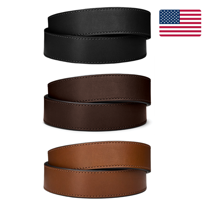 Three Kore Essentials Full Grain Leather Ranch Belts are stacked on top of each other on a white background
