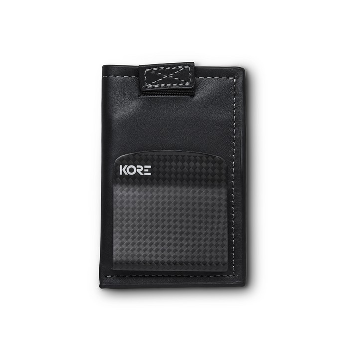 Front Facing View of Kore Essentials Slim Leather Wallet with Carbon Fiber Money Clip