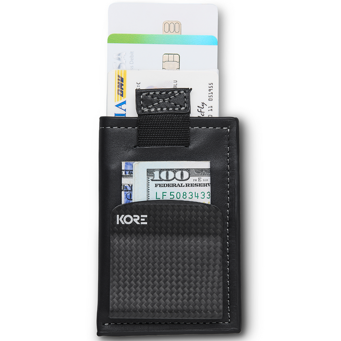 Front Facing View of Kore Essentials Slim Leather Wallet with Carbon Fiber Money Clip and Cards Being used with Quick Access Tab