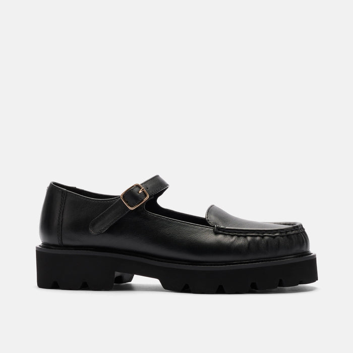 Lennox Black Leather Lug Mary Jane Loafer