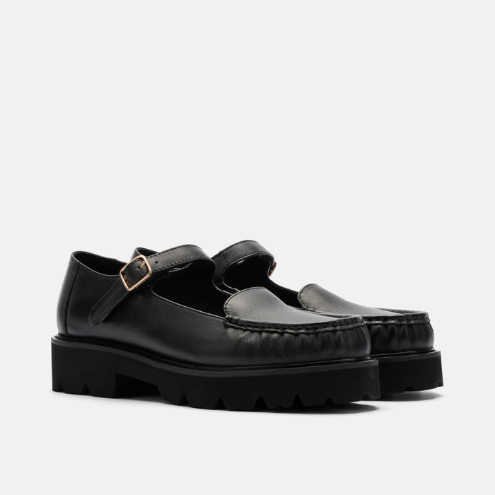 Lennox Black Leather Lug Mary Jane Loafer