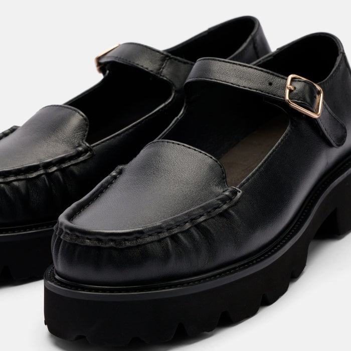Lennox Black Leather Lug Mary Jane Loafer