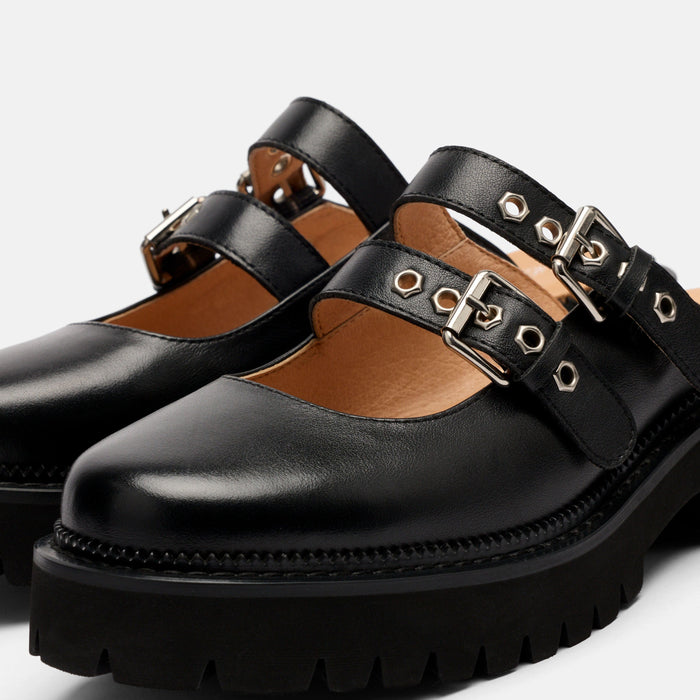 Lexi Black Leather Double Buckle Mule