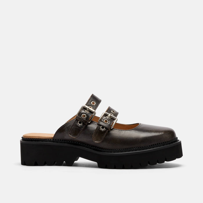 Lexi Brown Distressed Leather Double Buckle Mules