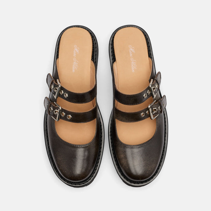 Lexi Brown Distressed Leather Double Buckle Mules
