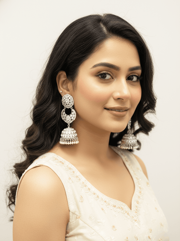 Long Silver Stone-Studded Jhumkas.