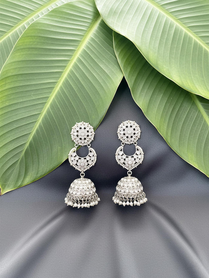 Long Silver Stone-Studded Jhumkas.