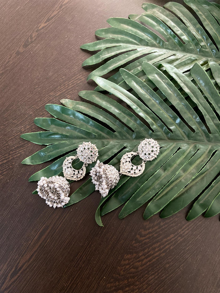 Long Silver Stone-Studded Jhumkas.