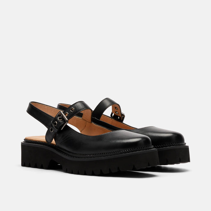 Luna Black Leather Mary Jane Lug Slingbacks