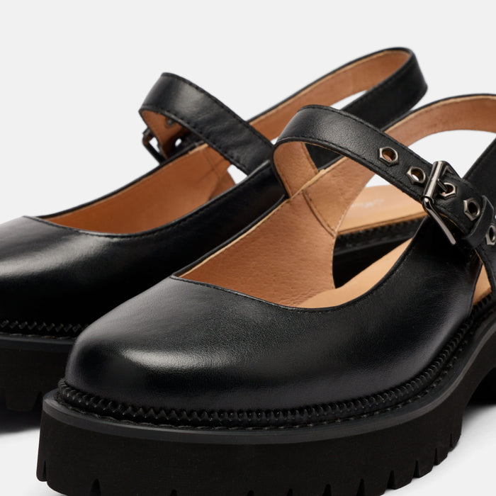 Luna Black Leather Mary Jane Lug Slingbacks