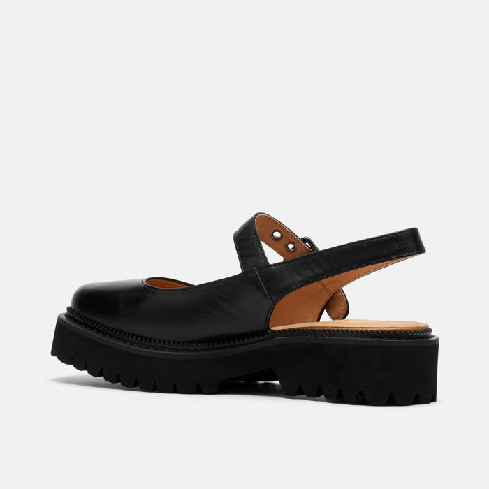 Luna Black Leather Mary Jane Lug Slingbacks