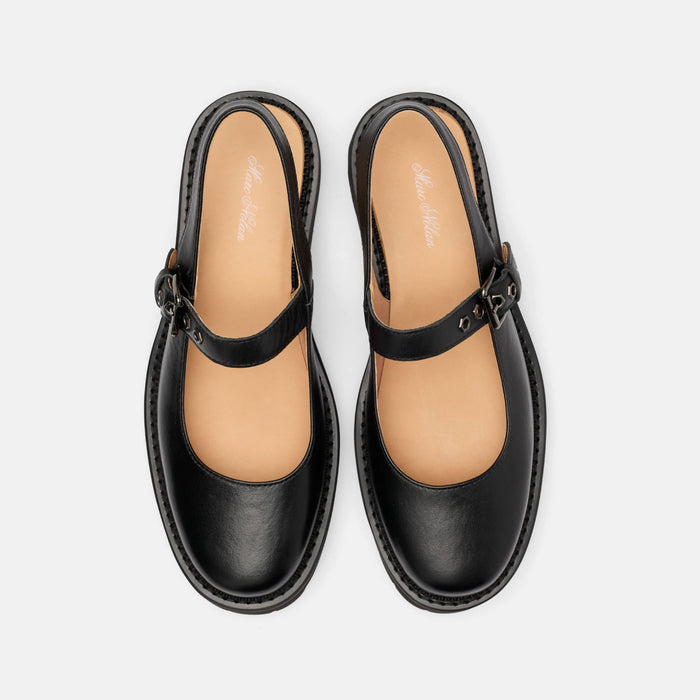 Luna Black Leather Mary Jane Lug Slingbacks