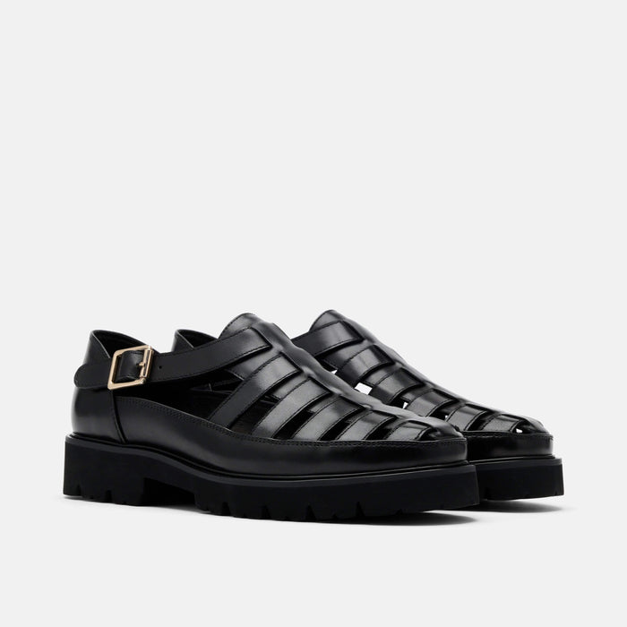 Magellan Black Leather Lug Fisherman Sandals