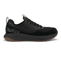 Black lace-up trail running shoe with mesh and suede upper, speckled midsole, and tan rubber outsole.