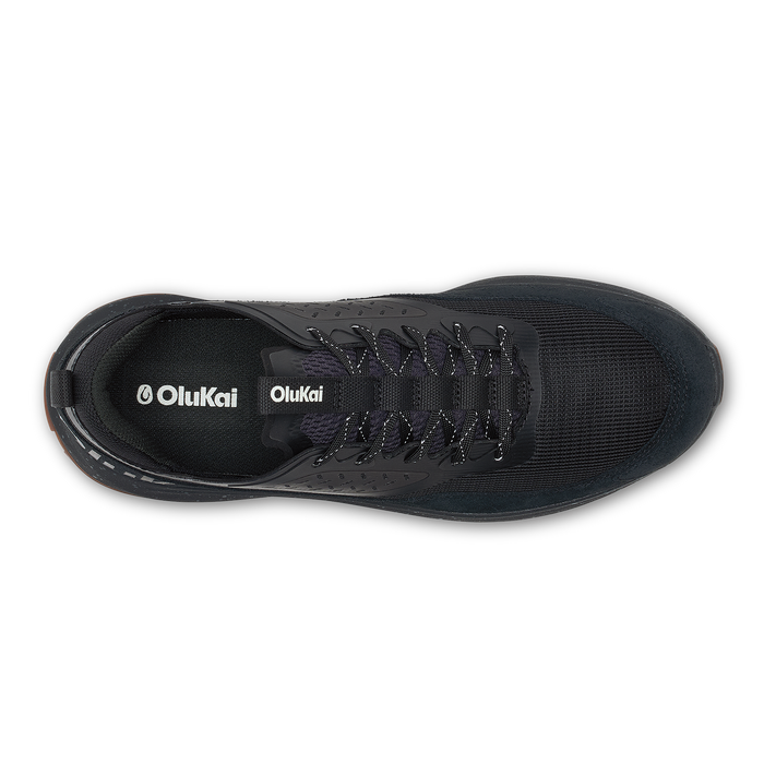 Black OluKai Makiki athletic shoe with lace-up closure, viewed from above.