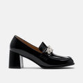 Margot Black Patent Leather Penny Loafer Block Pumps