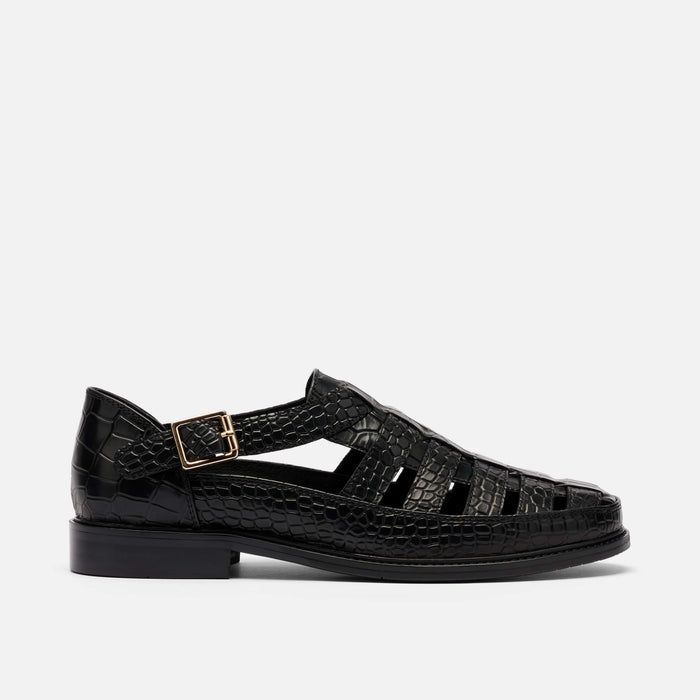 Mariner Black Crocskin Leather Fisherman Sandals