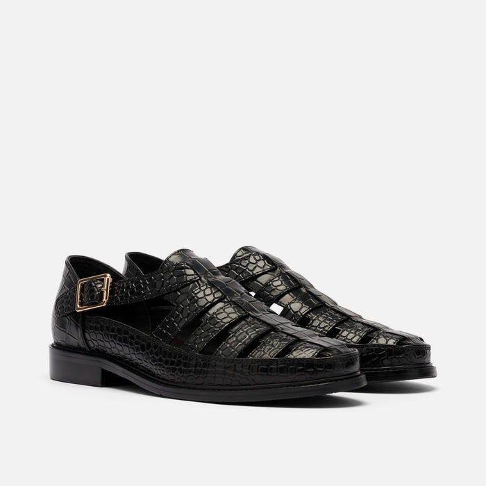 Mariner Black Crocskin Leather Fisherman Sandals