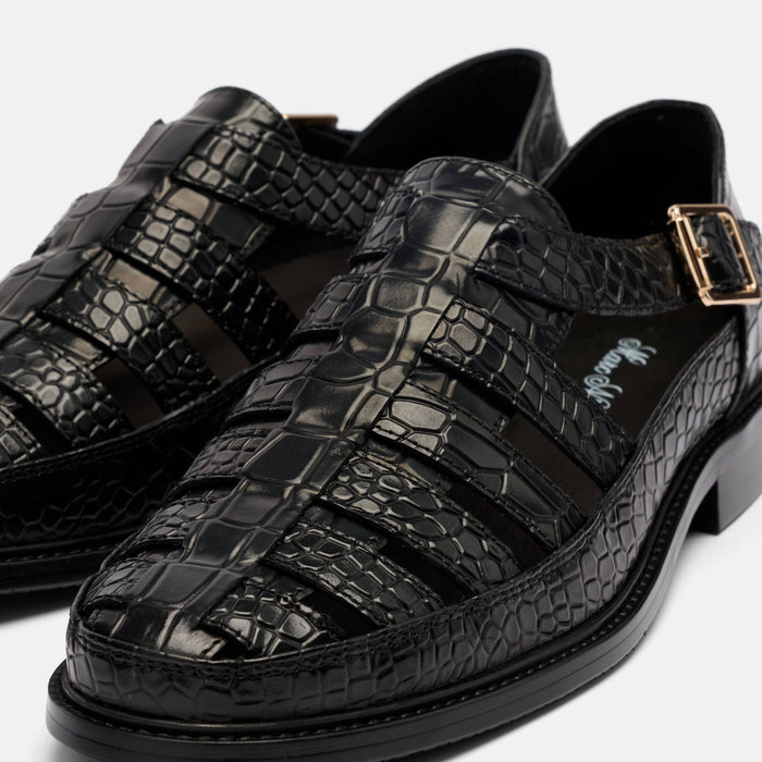 Mariner Black Crocskin Leather Fisherman Sandals