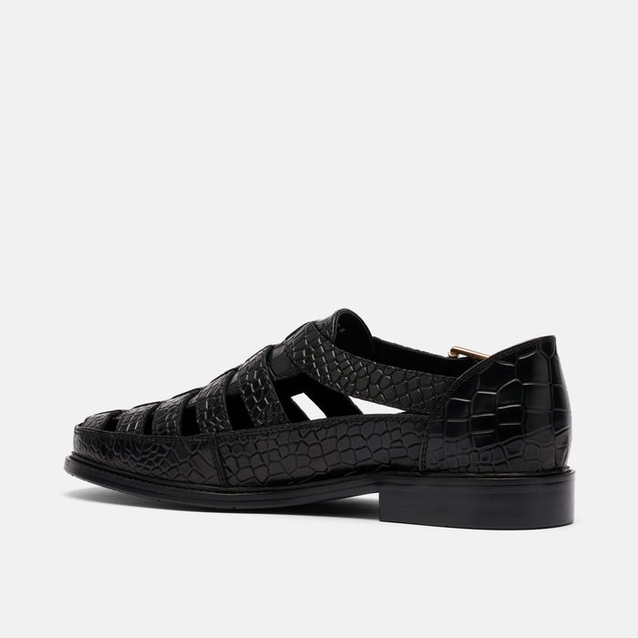 Mariner Black Crocskin Leather Fisherman Sandals