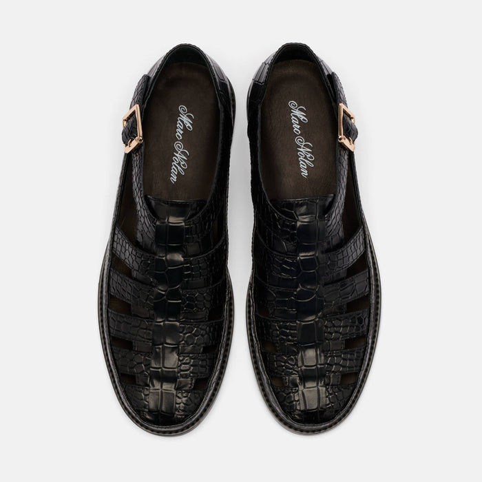 Mariner Black Crocskin Leather Fisherman Sandals