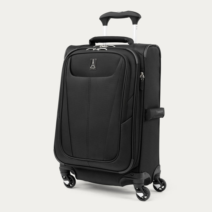 three quarter front view of black travelpro maxlite 5 compact carry-on spinner showing front zippered compartment and 360 degree spinner wheels.