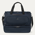 front view of midnight blue travelpro maxlite 5 drop bottom weekender showing the separate bottom compartment and front zippered pocket.