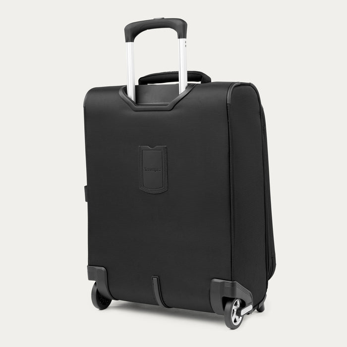 rear view of the black travelpro maxlite 5 international carry-on rollaboard showing the integrated rear stacking strap, high-performance ball bearing wheels, and the retractable powerscope lite handle.