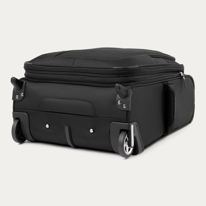bottom view of the black travelpro maxlite 5 international carry-on rollaboard showing the high-performance ball bearing wheels, protective wheel housings, and the bottom stabilizer bar.
