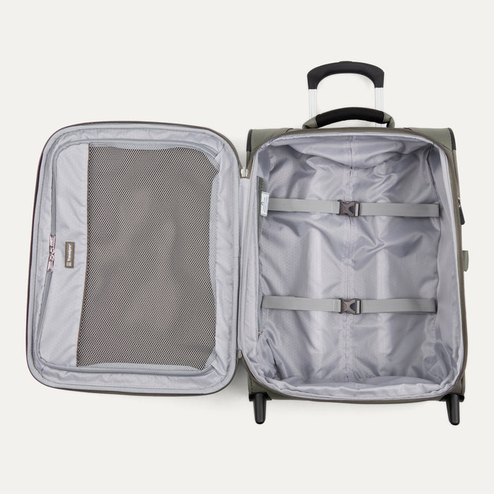 interior view of the open slate green travelpro maxlite 5 international carry-on rollaboard showing the light gray ecofab lining, a large mesh zippered lid pocket, and adjustable hold-down straps.