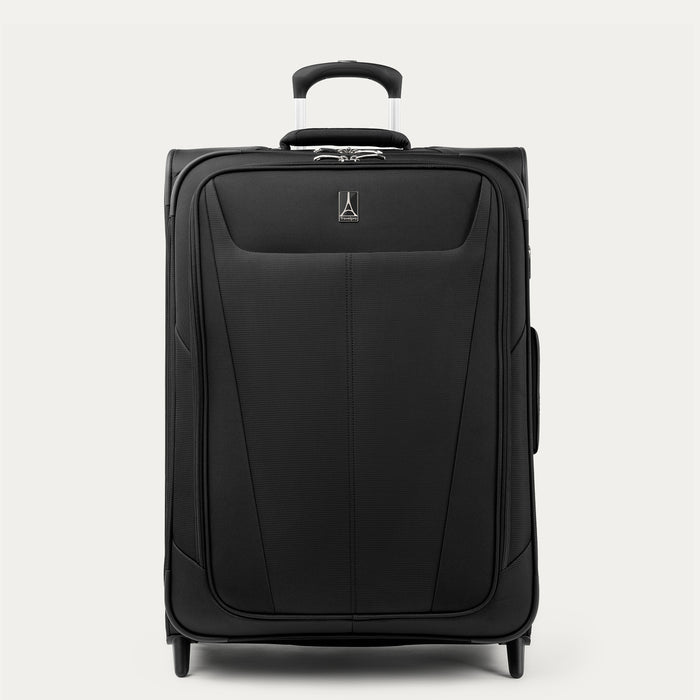 Front view of Travelpro Maxlite 5 Medium Check-In Rollaboard in Black, featuring a lightweight design, PowerScope Lite handle, and two high-performance ball bearing wheels