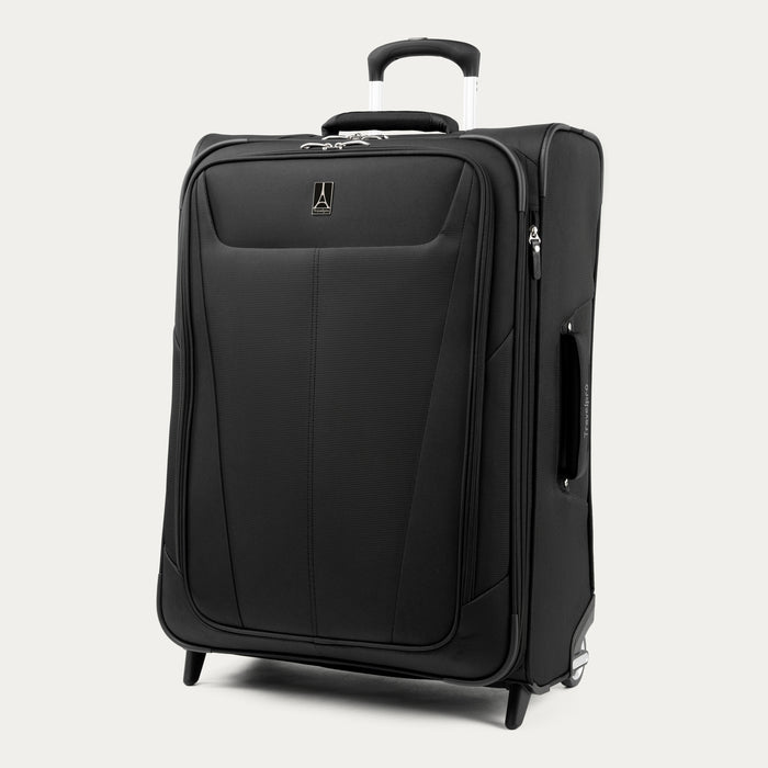 front three-quarter view of the black travelpro maxlite 5 medium check-in rollaboard suitcase showing the lightweight softside exterior, large front zippered pocket, and extended powerscope lite handle.