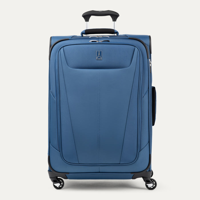 Front view of Maxlite 5 Medium Check-In Expandable Spinner in Ensign Blue, featuring sleek contouring and 4-wheel spinners.
