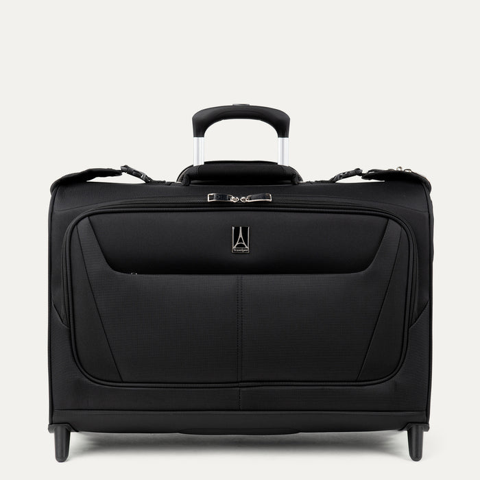 Front view of Travelpro Maxlite 5 Rolling Carry-On Garment Bag in Black, featuring a lay-flat design for suits and dresses, durable ball bearing wheels, and a PowerScope Lite extension handle.
