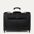 Front view of Travelpro Maxlite 5 Rolling Carry-On Garment Bag in Black, featuring a lay-flat design for suits and dresses, durable ball bearing wheels, and a PowerScope Lite extension handle.