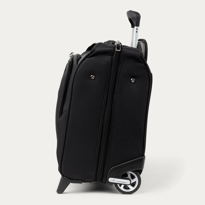 side profile view of the black travelpro maxlite 5 rolling carry on garment bag showing the slim design, high performance ball bearing wheels, and protective crash guards.