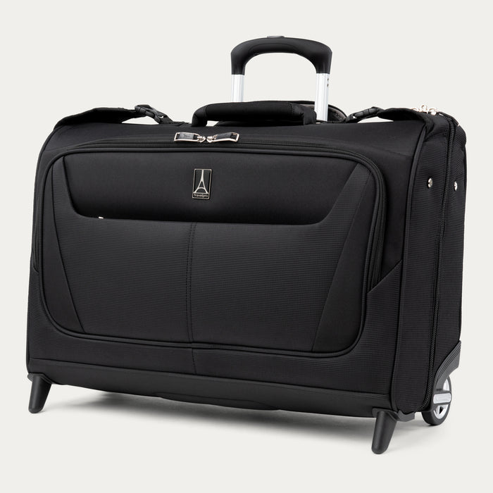 front perspective view of the black travelpro maxlite 5 rolling carry on garment bag showing the extended powerscope lite handle and front zippered pocket.