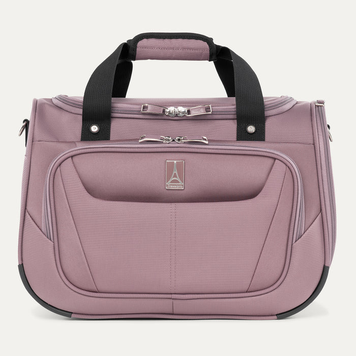front view of the dusty rose pink travelpro maxlite 5 soft tote showing the quick-access front flap with the travelpro logo, top carry handles, and dual-zipper main compartment.
