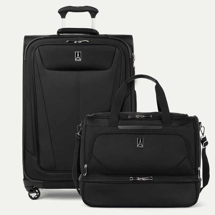 front view of the black travelpro maxlite 5 set featuring the carry-on expandable spinner and the drop bottom weekender bag with the spinner handle extended.